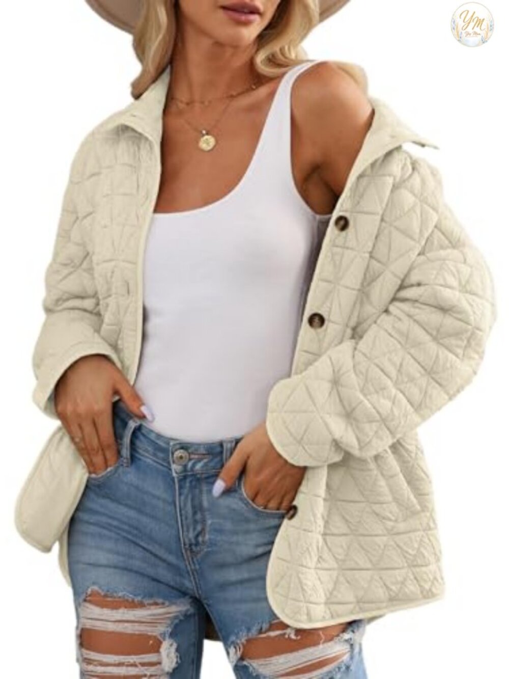 Lightweight Diamond Quilted Puffer Jacket Women Long Sleeve Button Down Winter